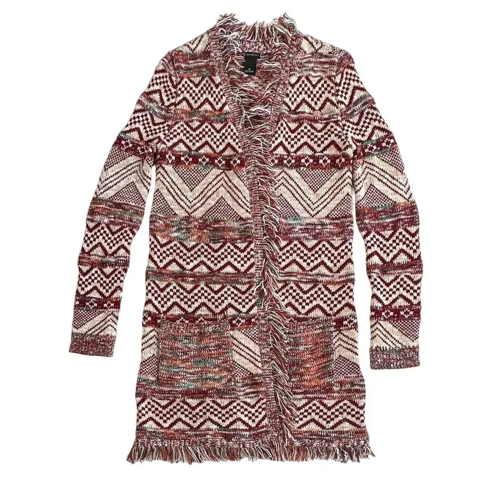 New Direction Womens Open Front Cardigan Sweater Medium Burgundy Aztec Fringe - Picture 5 of 7